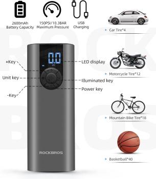 Preview: ROCKBROS | Elektrische Luftpumpe 150 PSI – Wiederaufladbare Tragbare Pumpe mit 2600mAh Akku und LED Drucksensor für Fahrrad, Auto, Motorrad & Ball